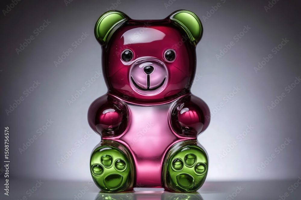 A bear figurine made of transparent material sits upright, blending shades of purple and green. Its cheerful expression and playful design create a fun, whimsical atmosphere in the display.