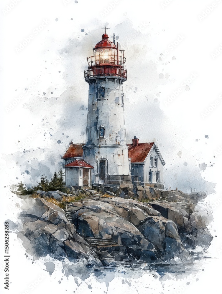 A beautiful lighthouse is perched atop a rocky shore, with a red and white tower and a small nearby dwelling. The calm water reflects the serene landscape, capturing a tranquil moment.