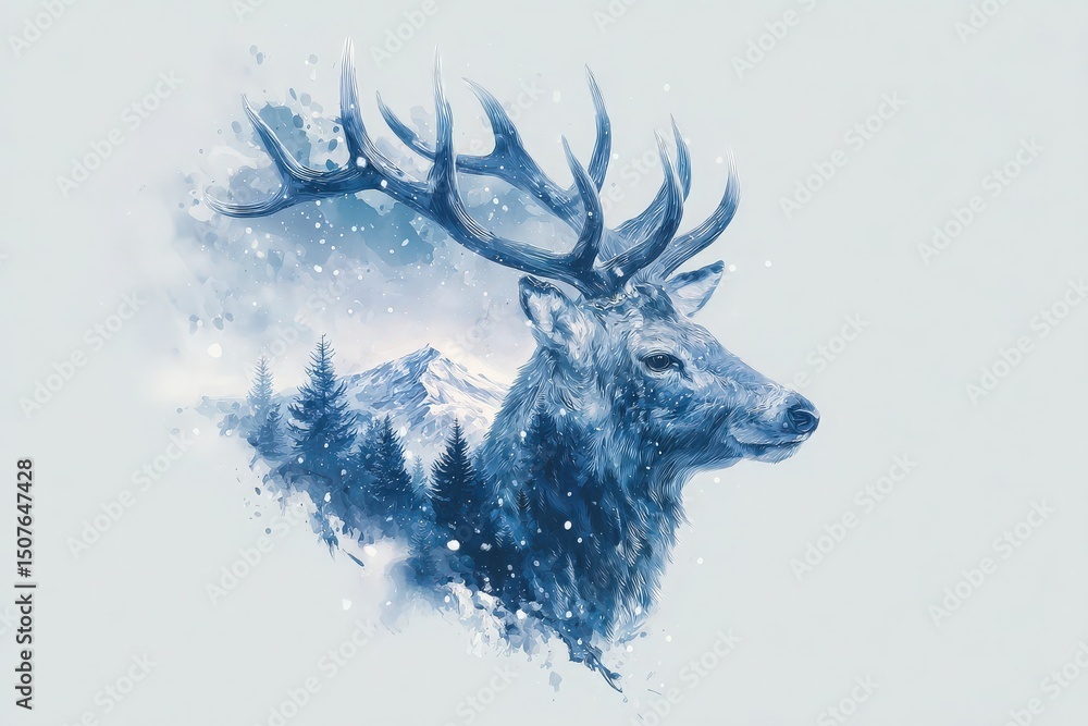 A beautiful stag with impressive antlers stands against a backdrop of snow-capped mountains and pine trees. The scene captures a serene winter atmosphere with falling snowflakes.