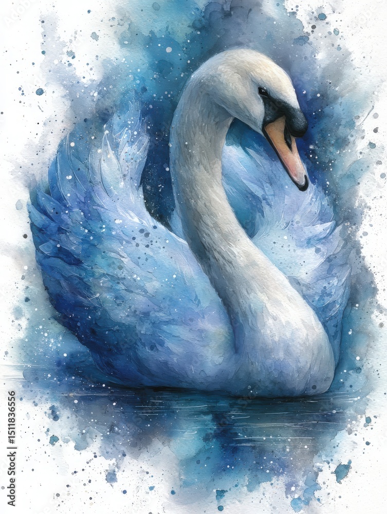 A beautiful swan with white feathers and a graceful neck is depicted gliding serenely on calm blue waters.