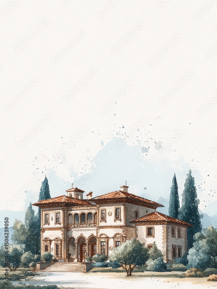 A beautiful villa stands majestically amidst lush trees and gentle hills, showcasing classical architecture with warm colors under a clear sky, evoking tranquility and charm.