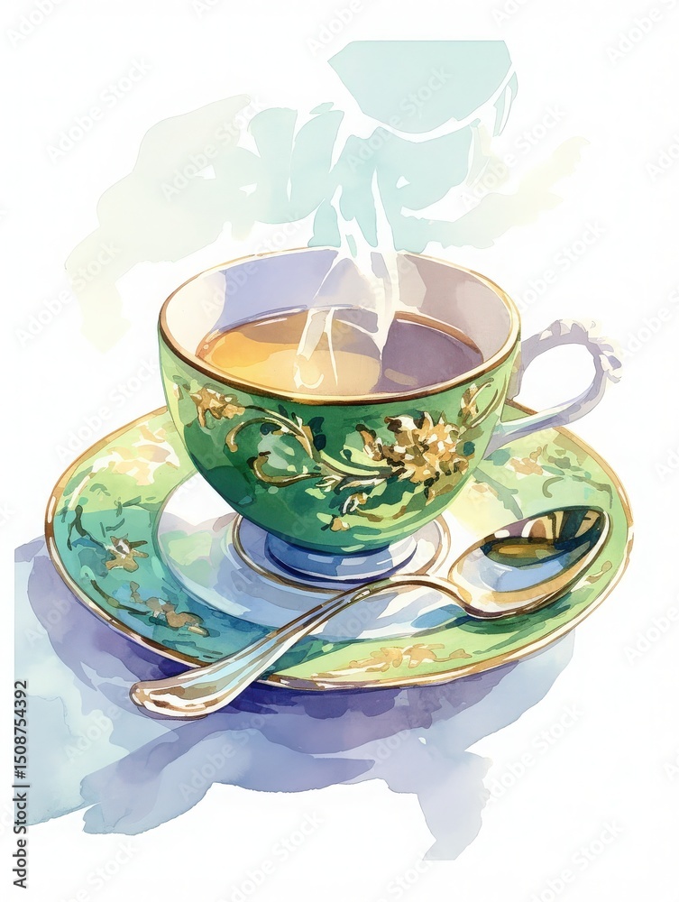 A beautifully crafted green china tea cup sits on a matching saucer, holding a steaming hot beverage. A silver spoon rests beside, inviting moments of calm and relaxation.