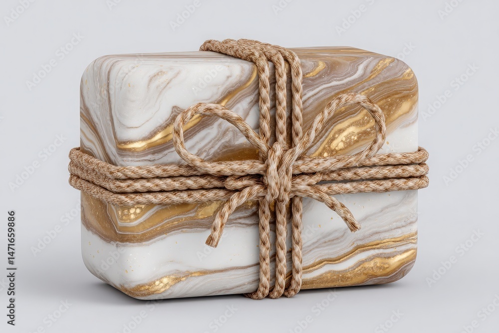 A beautifully crafted soap features a marble design with swirls of white, gold, and beige.