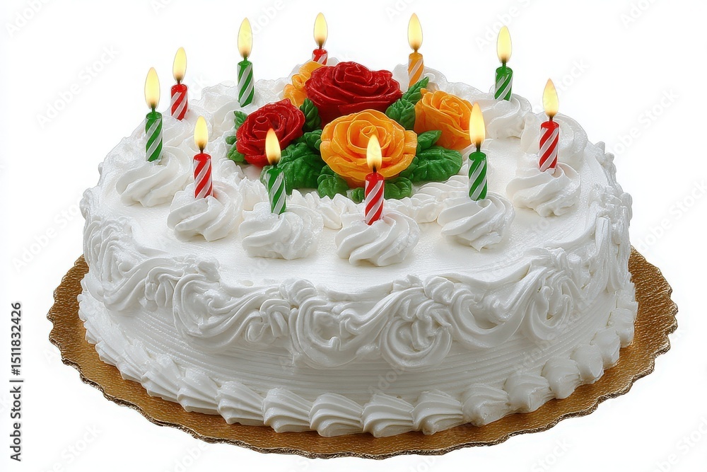 A beautifully decorated birthday cake features vibrant icing flowers and lit candles. The cake sits on a golden base, ready for a joyful celebration filled with sweetness and delight.