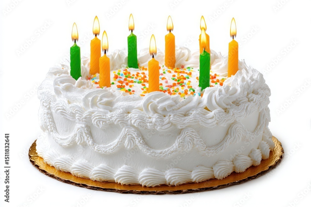 A beautifully decorated birthday cake features white frosting with colorful sprinkles. Bright candles, some orange and green, glow atop the cake, signaling a special occasion.