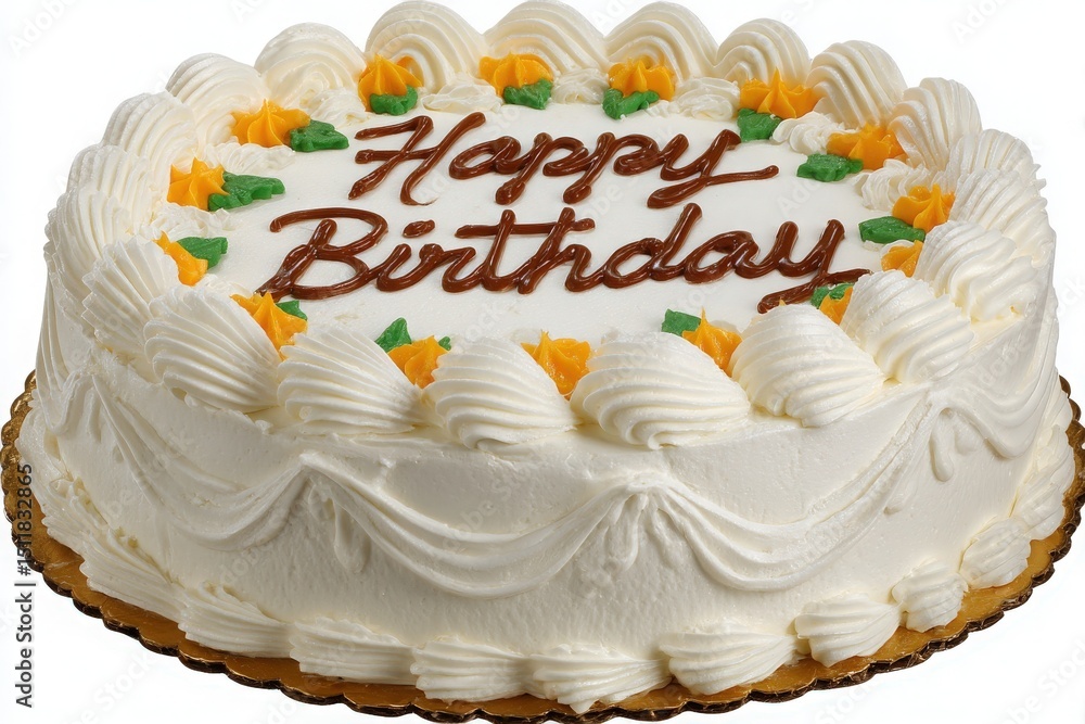 A beautifully decorated birthday cake featuring white icing, vibrant yellow and green accents, and a cheerful Happy Birthday written on top. Perfect for festive celebrations.