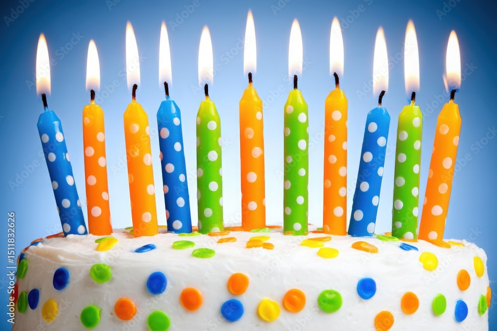 A beautifully decorated birthday cake showcases brightly colored candles in blue, orange, and green, each topped with a flame, surrounded by cheerful polka dots, celebrating a joyous occasion.