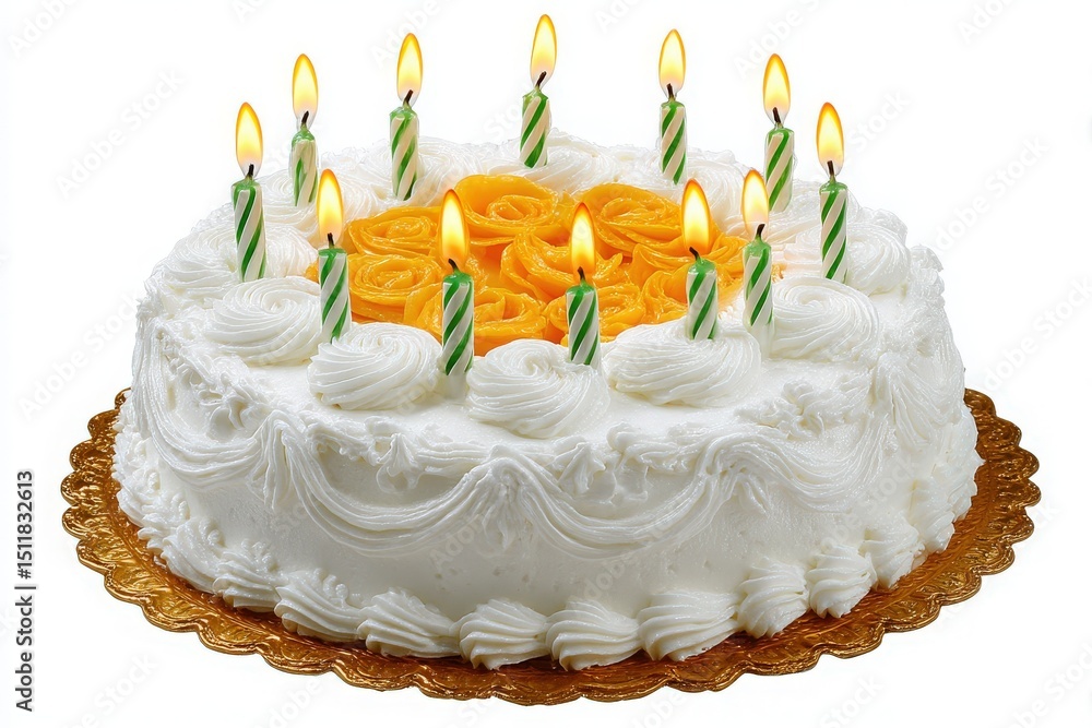 A beautifully decorated birthday cake sits on a golden board, adorned with white icing and vibrant orange rose decorations. Ten lit candles, surrounded by green and white stripes, add a festive touch.