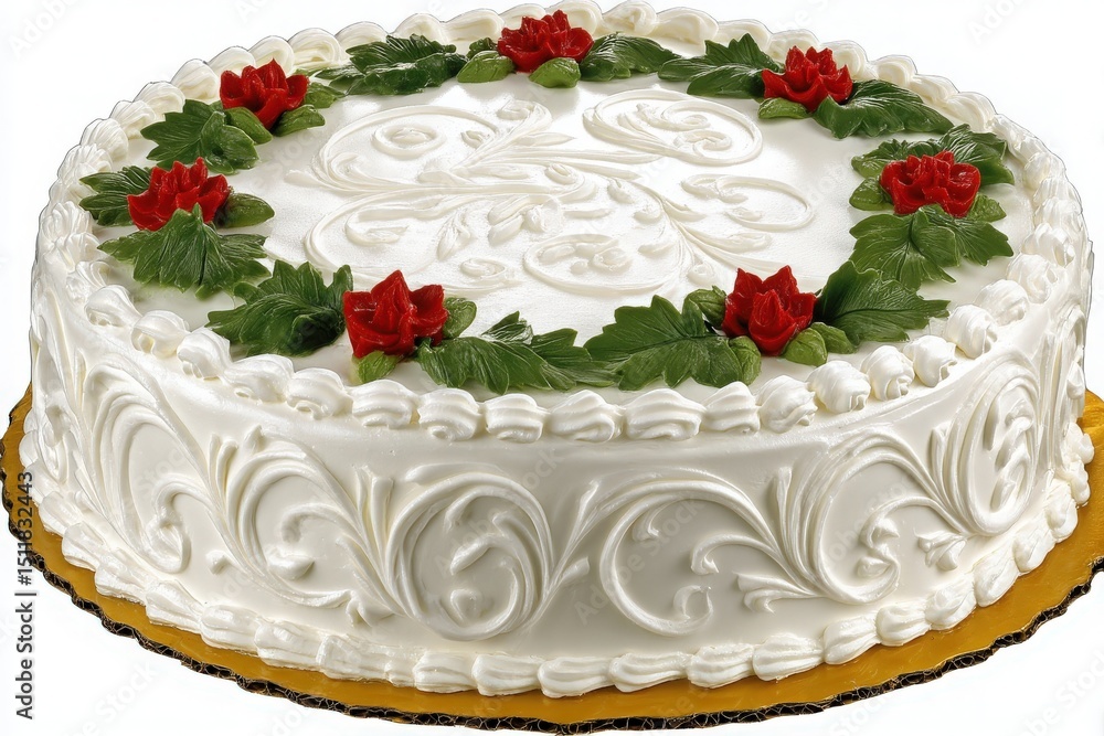 A beautifully decorated cake featuring elegant white frosting, adorned with red roses and green leaves, perfect for celebrations. The detailed design showcases artistry and craftsmanship.