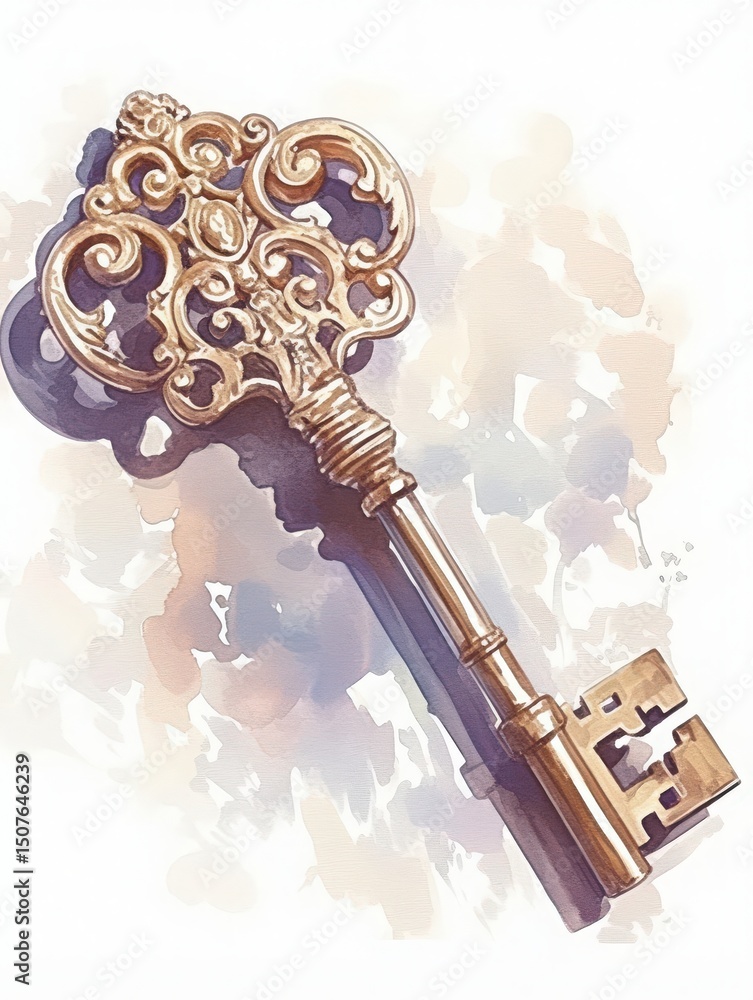 A beautifully ornate vintage key with intricate designs is displayed on a soft surface. Its golden color catches the light, highlighting the craftsmanship and detailing.