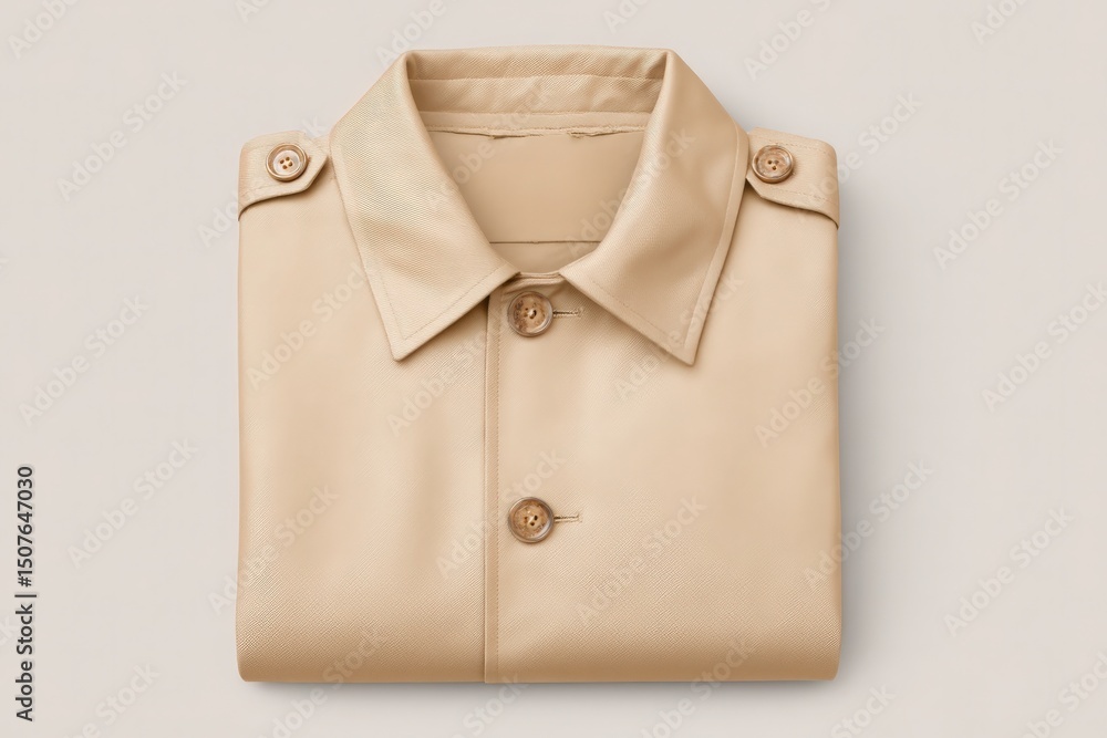 A beige trench coat is fold neatly, showcasing its classic design. The fabric appears smooth with prominent buttons on the front. Ideal for fashion displays or online shopping.