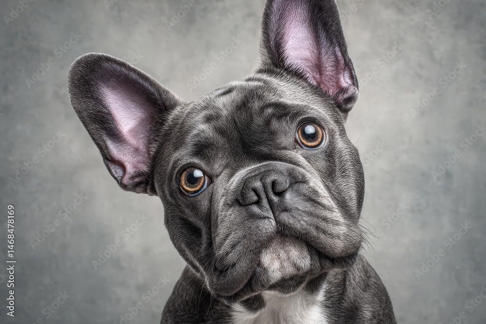 A black French bulldog with large ears and soulful eyes gazes directly at the viewer. The soft lighting highlights its unique facial expression, creating a delightful focal point.