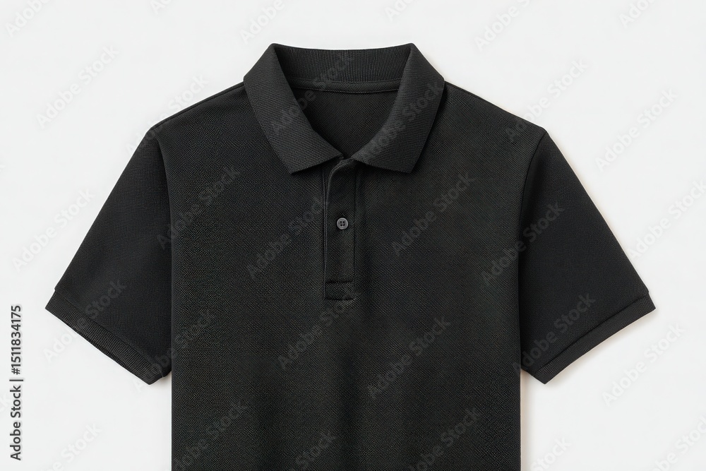 A black polo shirt featuring a classic collar and a button placket sits against a clean white background. The shirt highlights a casual yet stylish look suitable for various occasions.