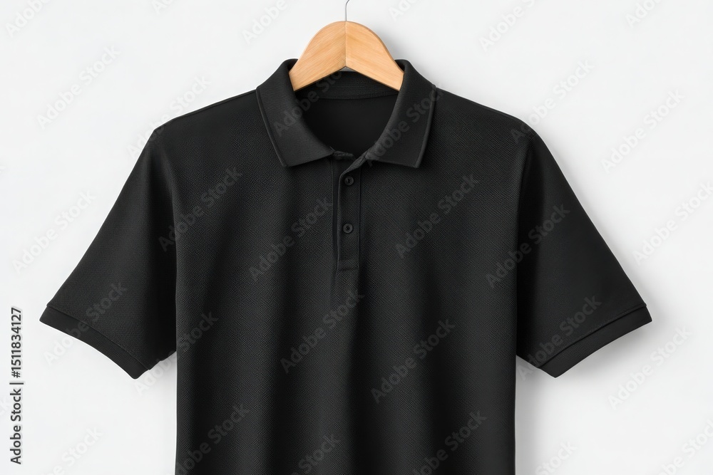 A black polo shirt hangs elegantly on a wooden hanger against a neutral backdrop, showcasing its timeless design and lightweight fabric, ideal for both casual and smart occasions.