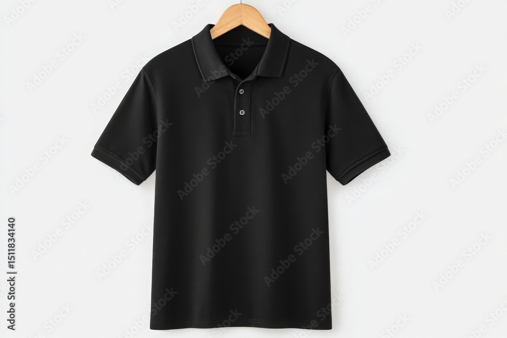 A black polo shirt is neatly displayed on a wooden hanger against a plain background. The garment features a classic collar and buttoned placket, perfect for smart casual occasions.