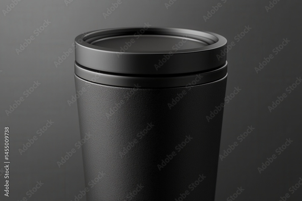 A black travel mug features a smooth texture and a simple, elegant lid. It showcases a contemporary design ideal for on-the-go beverages, perfect for busy lifestyles or outdoor activities.