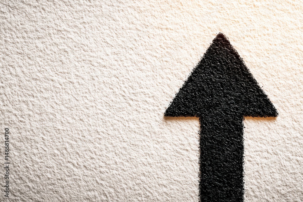 A bold black arrow is displayed prominently on a textured white surface, emphasizing direction and movement. The stark contrast creates a striking visual impact.