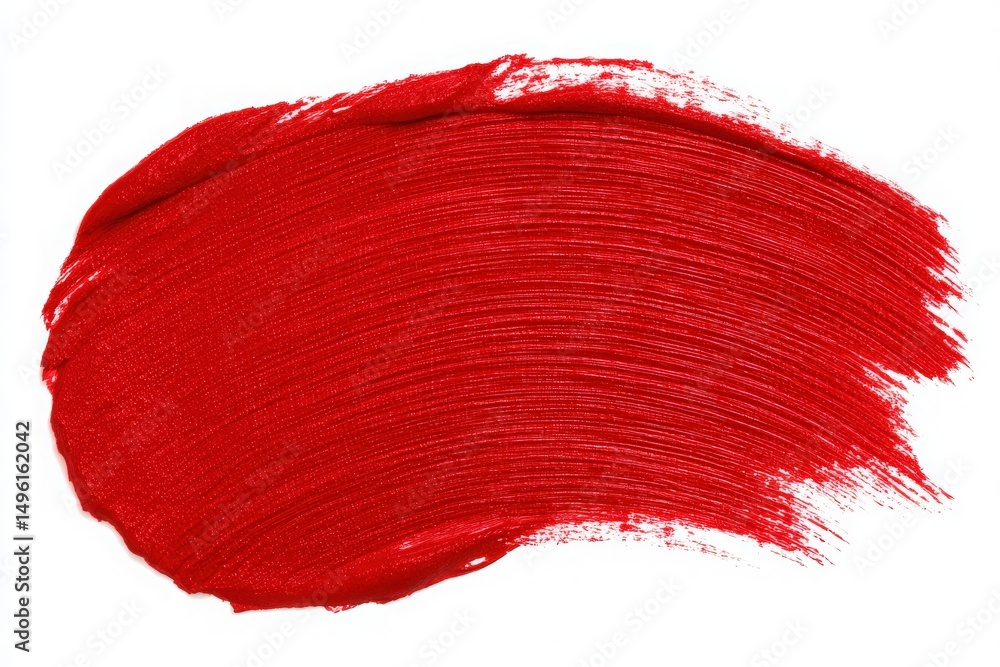 A bold red paint stroke is applied to a clean white surface, emphasizing the smooth texture and vibrant hue. The stroke showcases the interplay of light and shadow, creating visual interest.