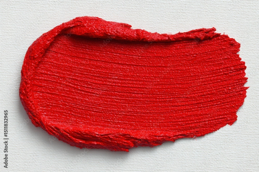 A bold red paint stroke is spread smoothly across a textured canvas background, showcasing a rich and glossy finish. The vivid color highlights the dynamic potential for artistic creation.