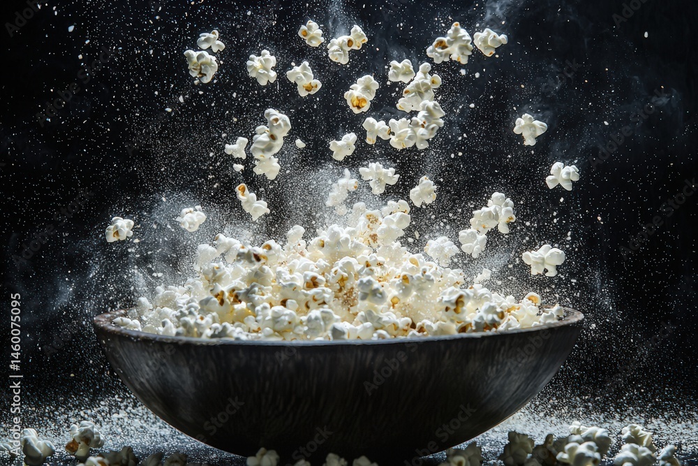 A bowl of freshly popped popcorn erupts as kernels jump into the air, creating a textured cloud of fluffy white and dust. The dark background enhances the popcorns vivid color and energy.