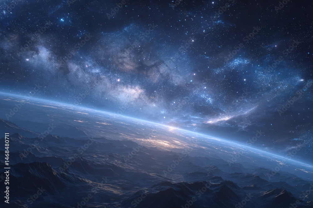 A breathtaking perspective from above Earths surface showcases a celestial panorama during twilight. The mountains below blend with a stunning starry sky filled with twinkling stars and cosmic dust.