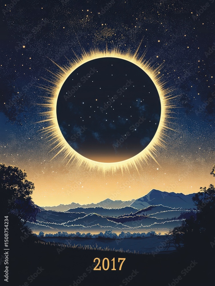 A breathtaking total solar eclipse is visible in the night sky above a serene mountain landscape. The dark silhouette of the moon creates a stunning contrast against the suns radiant corona.