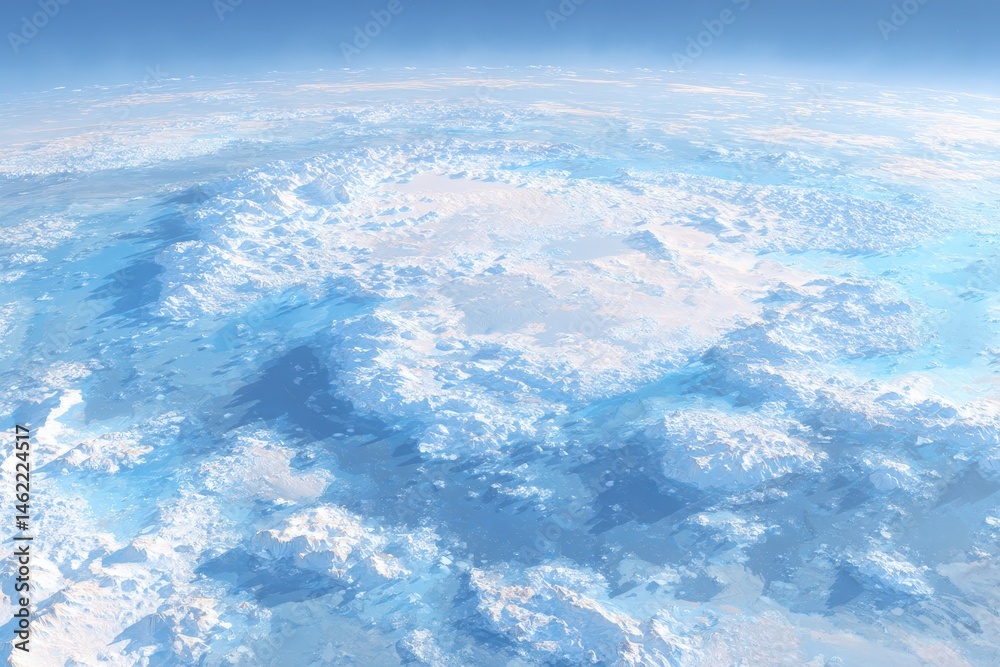 A breathtaking view shows a wide expanse of icy terrain under a clear blue sky. The sunlight glimmers on the snow-covered mountains, creating a tranquil atmosphere and showcasing natures beauty.