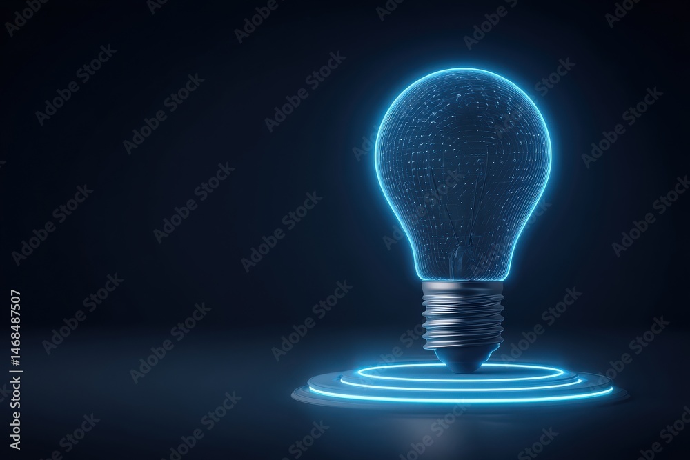 A bright blue light bulb is placed on a dark surface, surrounded by neon rings. The bulb has a digital appearance with glowing, intricate details. The setting creates a futuristic vibe.