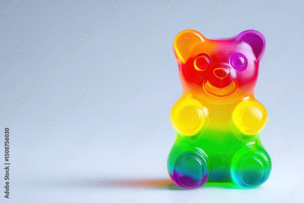 A bright gummy bear candy with a rainbow gradient sits upright on a clean, smooth surface. Its cheerful expression and vivid colors create a playful and appealing look, perfect for sweet treats.