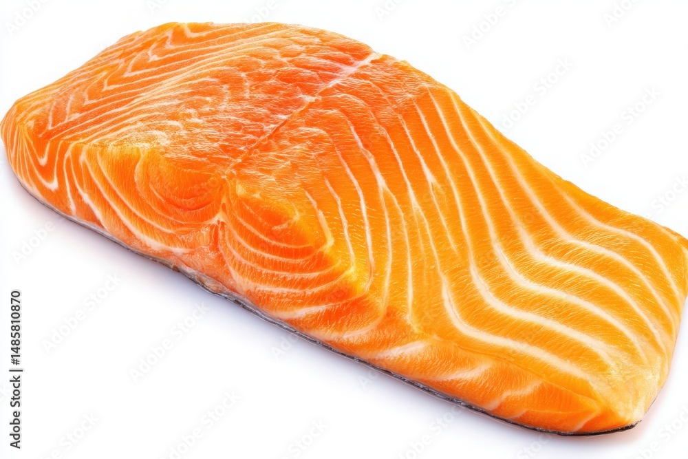A bright orange salmon fillet rests on a white surface. Its distinct marbling and texture indicate freshness, perfect for grilling or baking. Ideal for seafood lovers and health-conscious cooks.