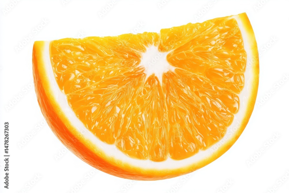 A bright orange slice is positioned against a clean white background, highlighting its juicy segments and rich color. The fruit appears fresh and ready to be enjoyed, symbolizing health and freshness.