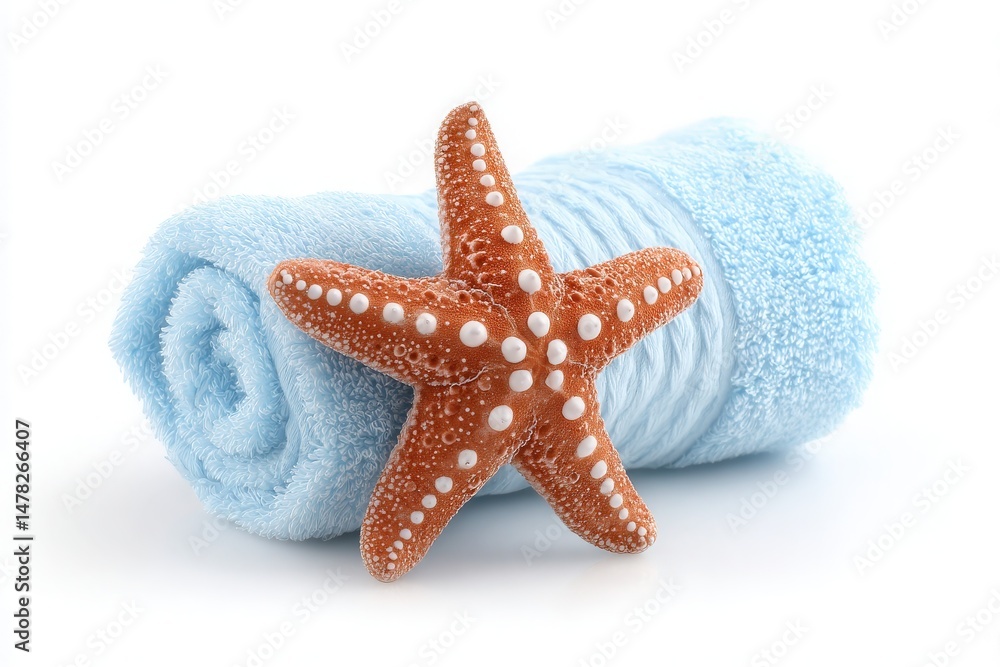 A bright orange starfish is placed atop a neatly rolled blue towel, creating a soothing and beach-inspired atmosphere. The composition suggests relaxation and tranquility.