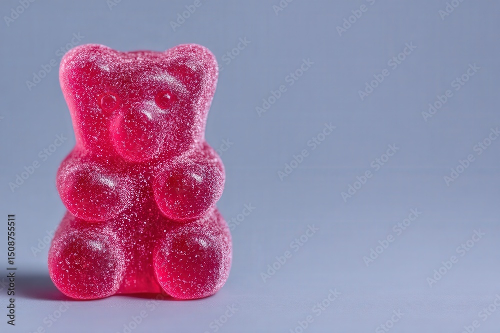 A bright pink gummy bear candy is prominently displayed on a smooth gray background. The bears shiny texture and vibrant color create an appealing contrast, making it a fun treat.