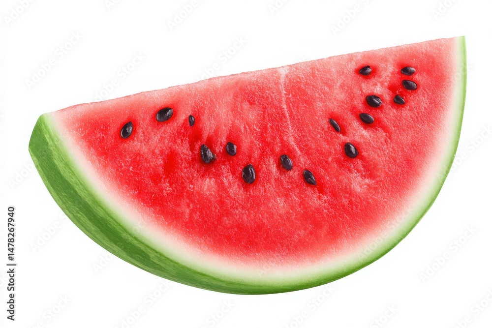 A bright slice of watermelon with a lush green rind and sweet red flesh filled with small black seeds is displayed. This tropical fruit is perfect for enjoying during hot summer days.