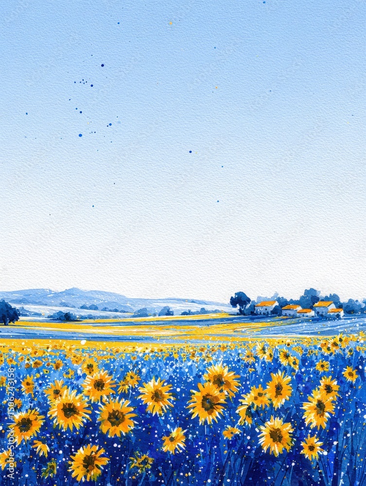 A bright sunflower field stretches across the landscape, showcasing vivid yellow flowers. In the background, rolling hills and a farmhouse complement the serene blue sky, creating a picturesque scene.