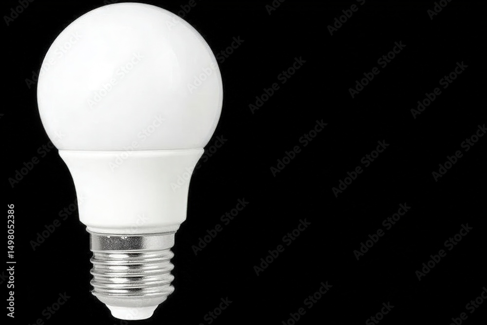 A bright white LED light bulb is displayed against a black background, emphasizing its sleek design and efficient energy use. This bulb is ideal for household or commercial lighting.