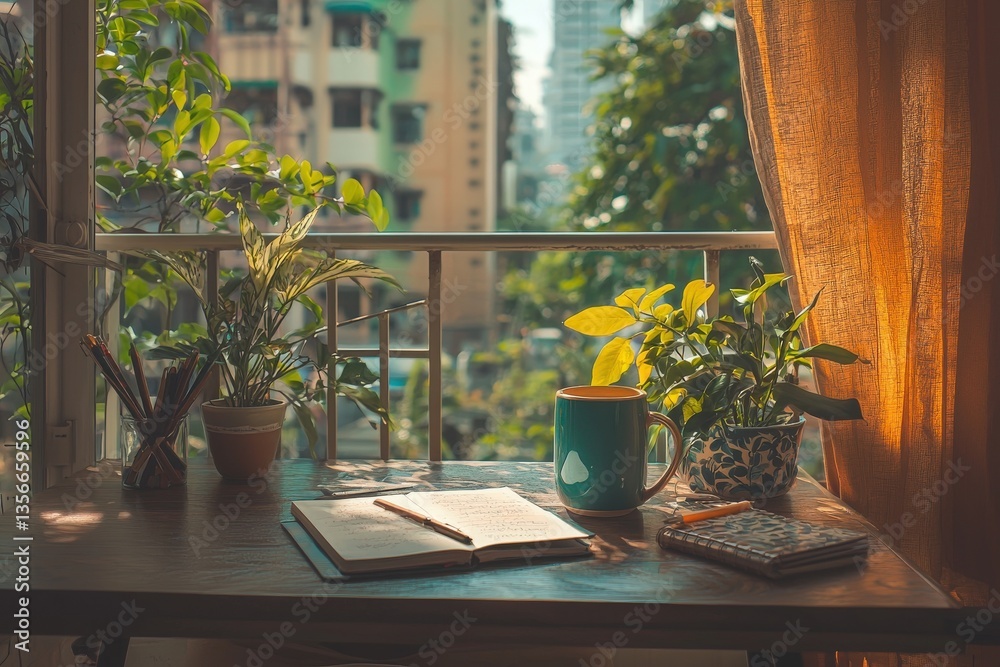 A bright workspace is filled with greenery, featuring a blue coffee mug, an open notebook, and a patterned journal. Sunlight streams through the window, illuminating the refreshing atmosphere.