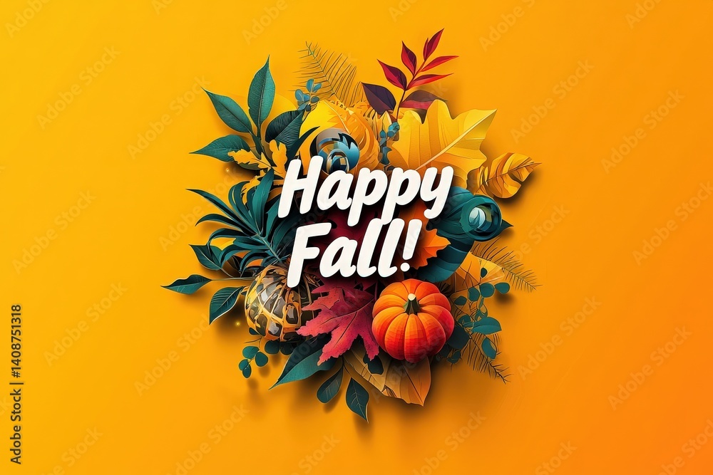 A bright yellow background showcases a vibrant collage of autumn leaves, pumpkins, and seasonal plants, with a cheerful greeting wishing everyone a happy fall celebration.