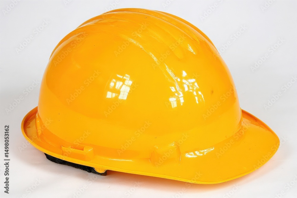 A bright yellow hard hat is placed on a plain white surface, designed for safety in construction and industrial environments. The rounded shape and smooth texture highlight its durable design.