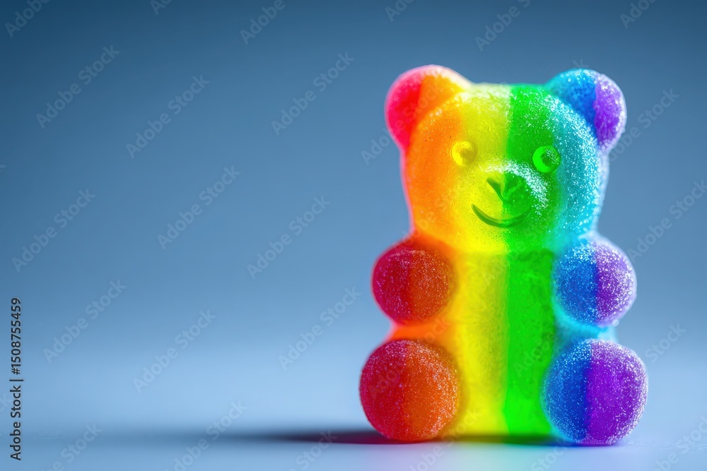 A brightly colored gummy bear figurine features a rainbow gradient of colors. The bear has a friendly expression and is placed on a smooth surface, highlighting its playful design.