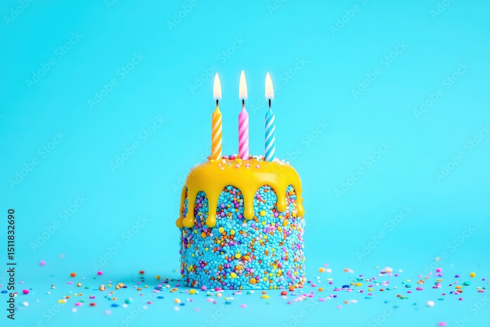 A brightly decorated cake with vibrant icing and colorful sprinkles sits on a blue surface. Three lit candles top the cake, creating a festive atmosphere for a celebration.