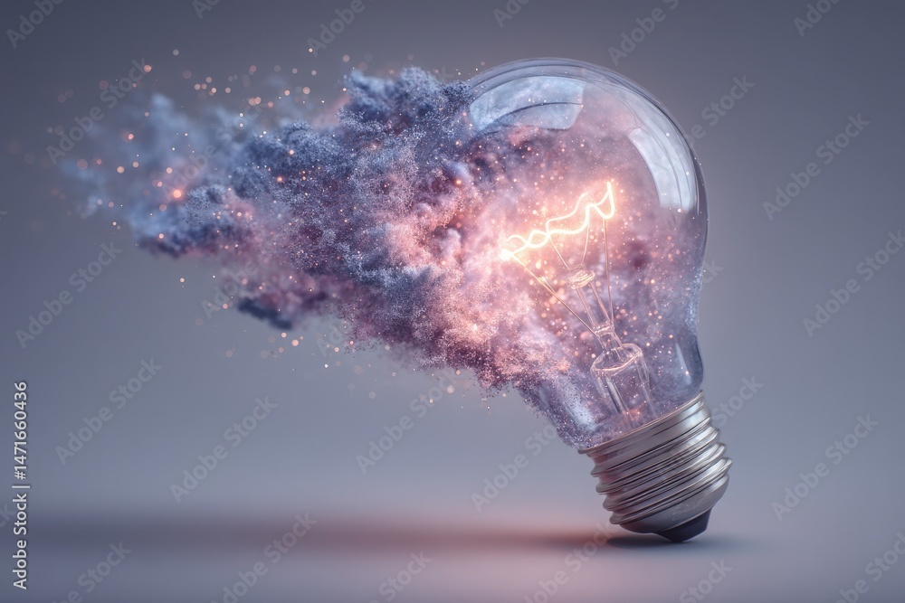 A broken light bulb emits vibrant colors and sparkles, symbolizing creative energy and imagination. The scene captures the essence of innovation in a visually striking manner.