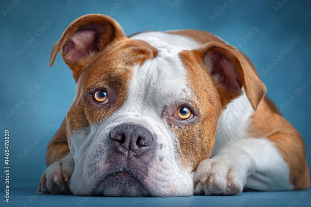 A brown and white dog lies flat on a surface, gazing intently with big round eyes. The soft blue backdrop enhances the dogs features, showcasing its calm demeanor and playful spirit.