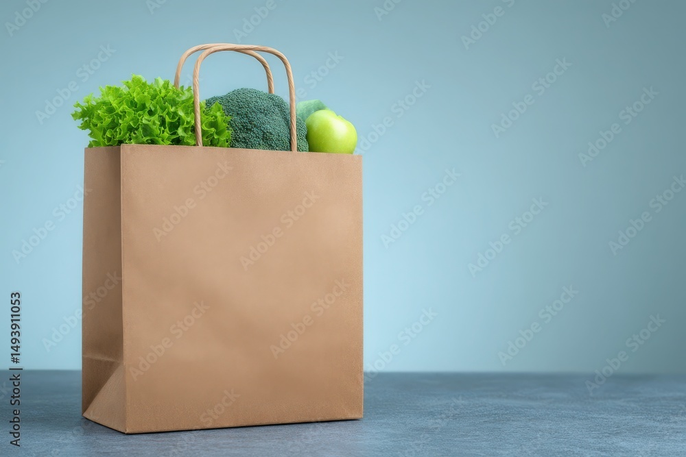 A brown paper bag filled with fresh green broccoli, leafy lettuce, and a green apple sits on a smooth surface. The calm blue background enhances the vibrant colors of the produce.