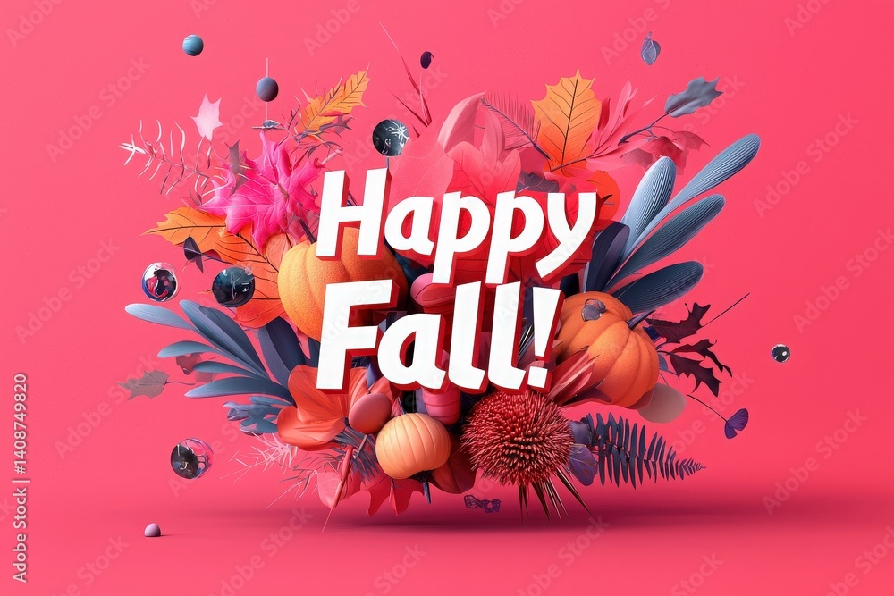 A burst of vibrant fall colors featuring orange pumpkins, colorful leaves, and decorative elements creates a joyful autumn atmosphere. Perfect for celebrating the fall season.