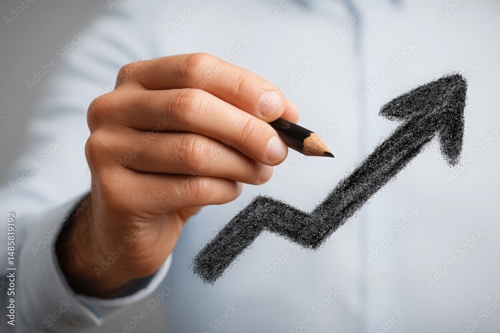 A business professional holds a pencil, drawing a rising graph on a blank surface. The action conveys a sense of progress and optimism in a corporate setting.