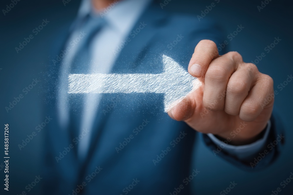 A business professional in formal attire points an illuminated arrow forward, symbolizing direction and focus.