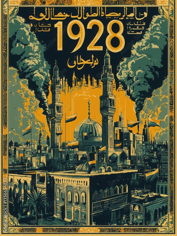 A bustling cityscape with striking architectural details and smokestacks, reflecting the atmosphere of a vibrant location in 1928.