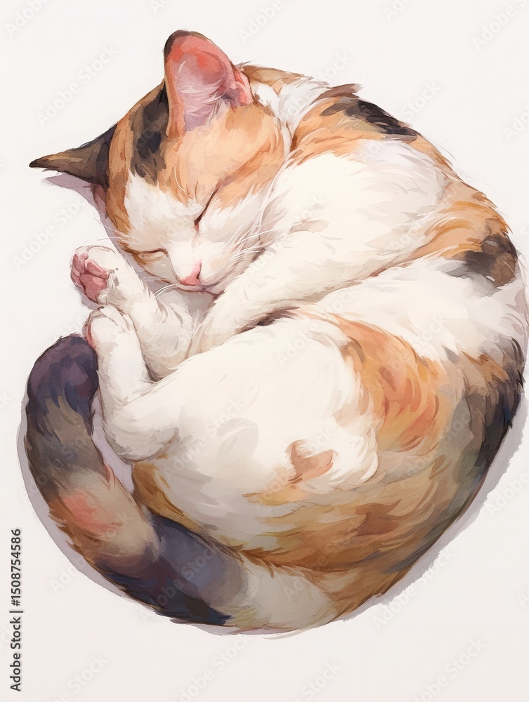 A calico cat is sleeping soundly, curled up in a cozy position. Its fur displays a beautiful mix of orange, black, and white colors, creating a serene and peaceful scene.