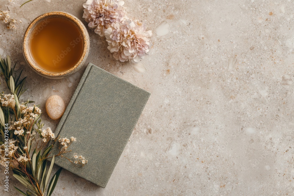 A calming arrangement featuring a warm cup of tea, a closed journal, dried flowers, and a stone. The neutral surface adds an inviting touch, perfect for quiet moments and reflection.